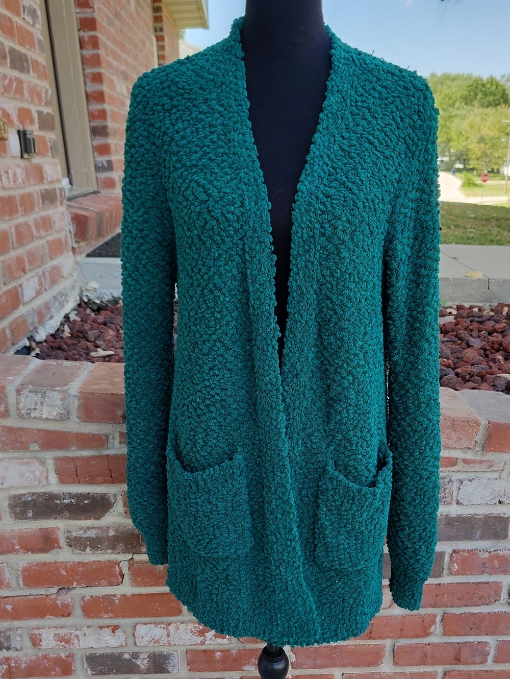 Zenana Popcorn Knit Long Pockets Open Front Duster Cardigan Size XL Loungewear